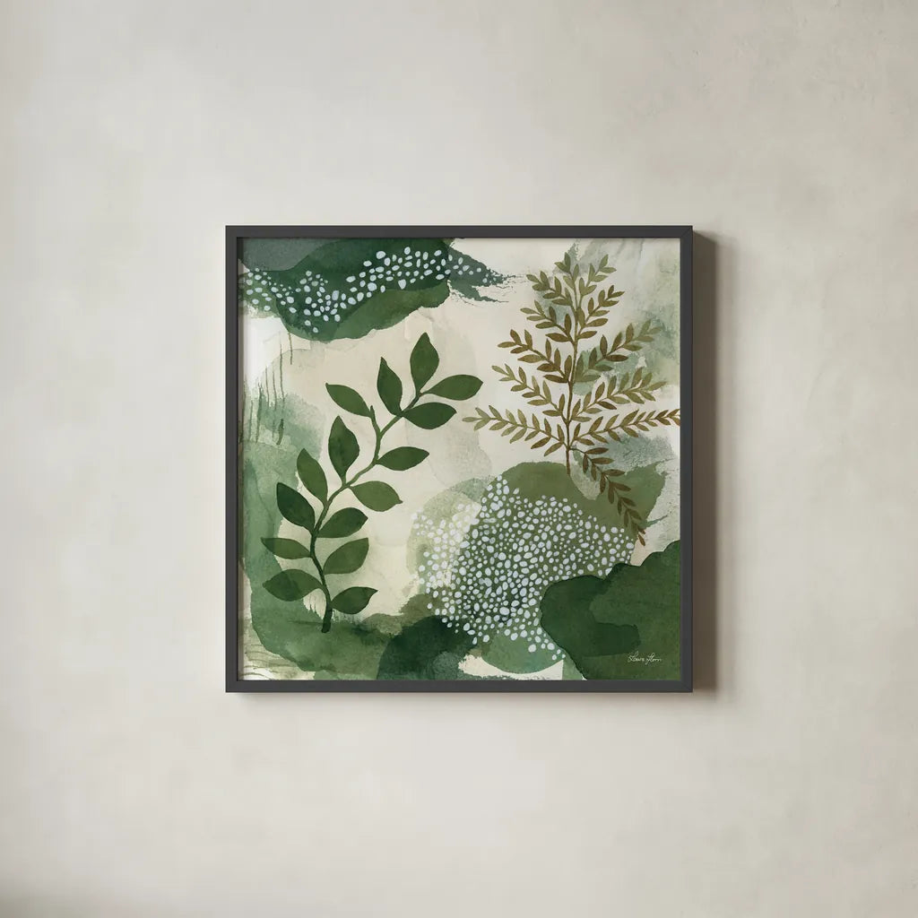 Woodland Walk I by Laura Horn. Shown in a sleek black glass frame for a contemporary gallery look. Available as an archival giclee rolled canvas, fine art paper, or poster print. SKU 72223a.
