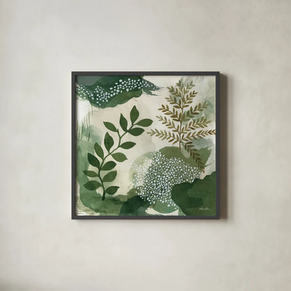 Woodland Walk I by Laura Horn. Shown in a sleek black glass frame for a contemporary gallery look. Available as an archival giclee rolled canvas, fine art paper, or poster print. SKU 72223a.