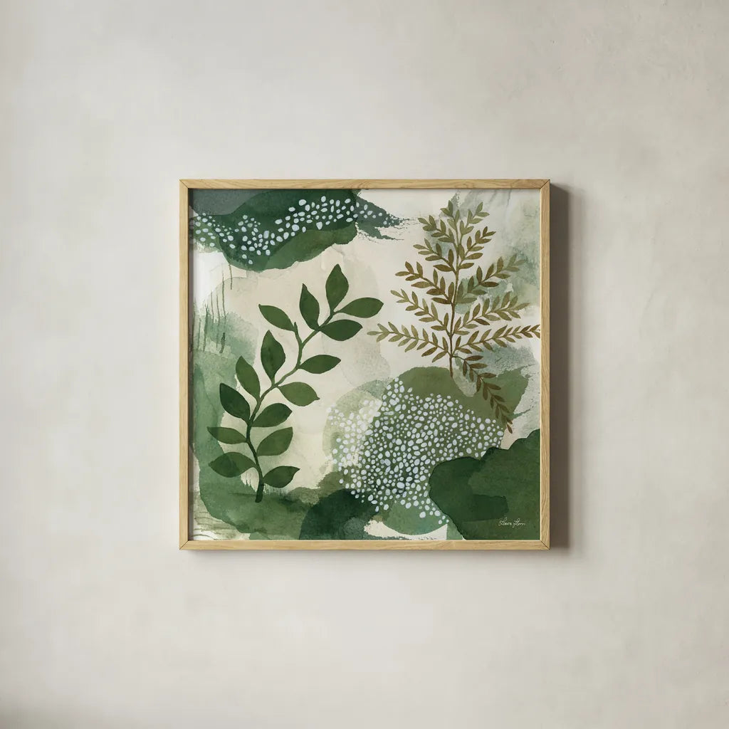 Woodland Walk I by Laura Horn. Shown in a natural wood glass frame for a timeless modern aesthetic. Available as an archival giclee rolled canvas, fine art paper, or poster print. SKU 72223a.