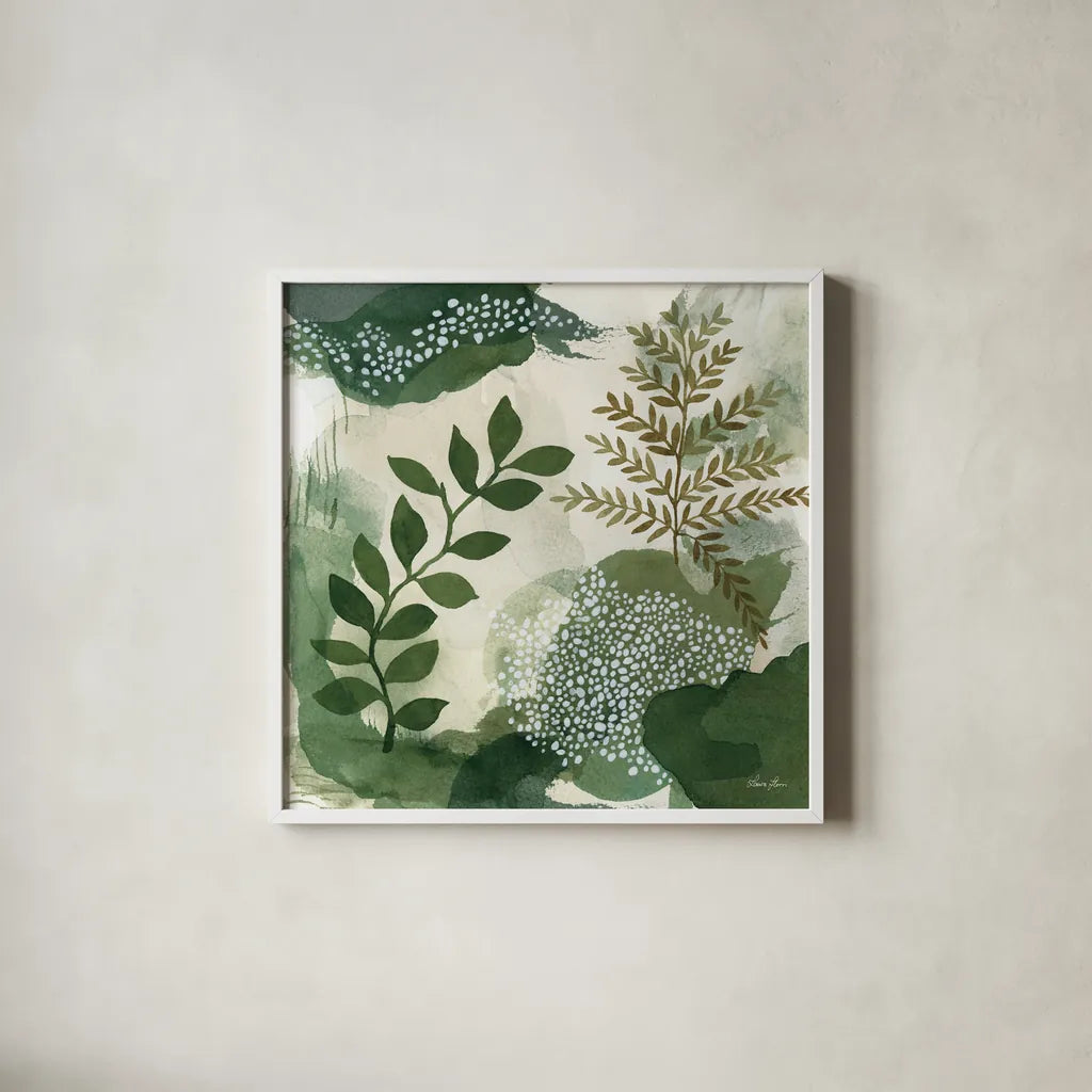 Woodland Walk I by Laura Horn. Shown in a crisp white glass frame for a clean and minimalist style. Available as an archival giclee rolled canvas, fine art paper, or poster print. SKU 72223a.