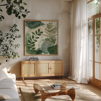 Woodland Walk I by Laura Horn. Shown in a natural wood frame in a cozy modern living room. Available as an archival giclee rolled canvas, fine art paper, or poster print. SKU 72223a.