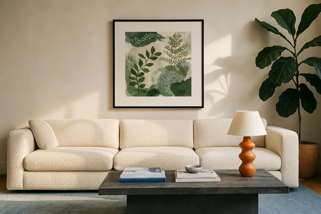 Woodland Walk I by Laura Horn. Displayed in a glass frame with matte in a clean modern living room. Available as an archival giclee rolled canvas, fine art paper, or poster print. SKU 72223a.