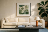 Woodland Walk I by Laura Horn. Displayed in a glass frame with matte in a clean modern living room. Available as an archival giclee rolled canvas, fine art paper, or poster print. SKU 72223a.