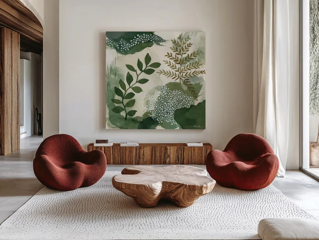 Woodland Walk I by Laura Horn. Shown as extra-large giant wall art in a modern living room. Available as an archival giclee rolled canvas, fine art paper, or poster print. SKU 72223a.