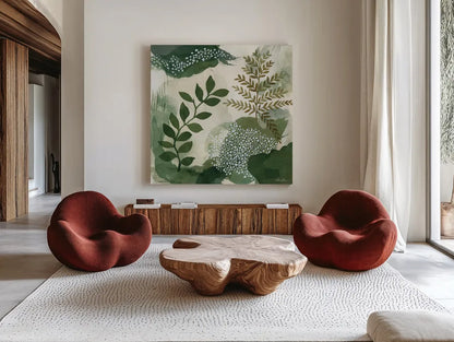 Woodland Walk I by Laura Horn. Shown as extra-large giant wall art in a modern living room. Available as an archival giclee rolled canvas, fine art paper, or poster print. SKU 72223a.