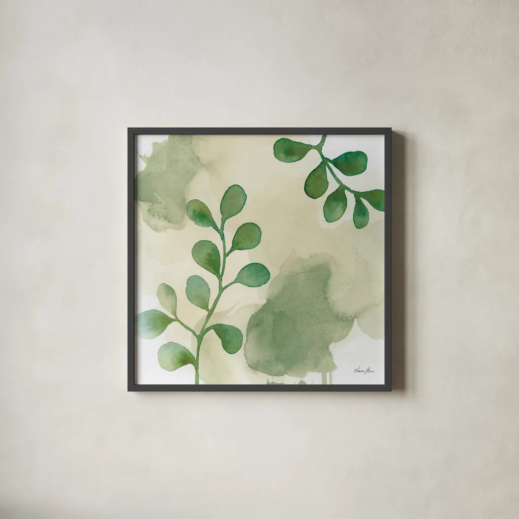 Woodland Walk II by Laura Horn. Shown in a sleek black glass frame for a contemporary gallery look. Available as an archival giclee rolled canvas, fine art paper, or poster print. SKU 72224a.