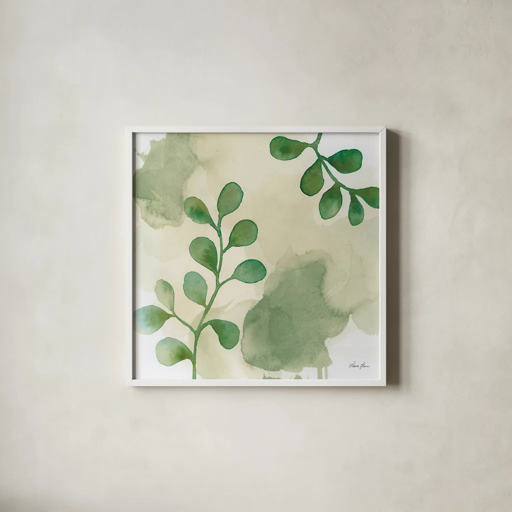 Woodland Walk II by Laura Horn. Shown in a crisp white glass frame for a clean and minimalist style. Available as an archival giclee rolled canvas, fine art paper, or poster print. SKU 72224a.