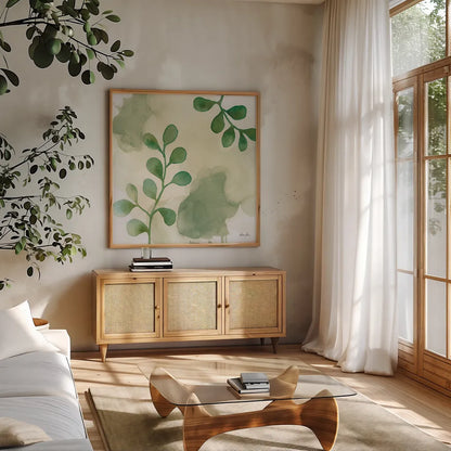Woodland Walk II by Laura Horn. Shown in a natural wood frame in a cozy modern living room. Available as an archival giclee rolled canvas, fine art paper, or poster print. SKU 72224a.