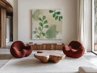 Woodland Walk II by Laura Horn. Shown as extra-large giant wall art in a modern living room. Available as an archival giclee rolled canvas, fine art paper, or poster print. SKU 72224a.
