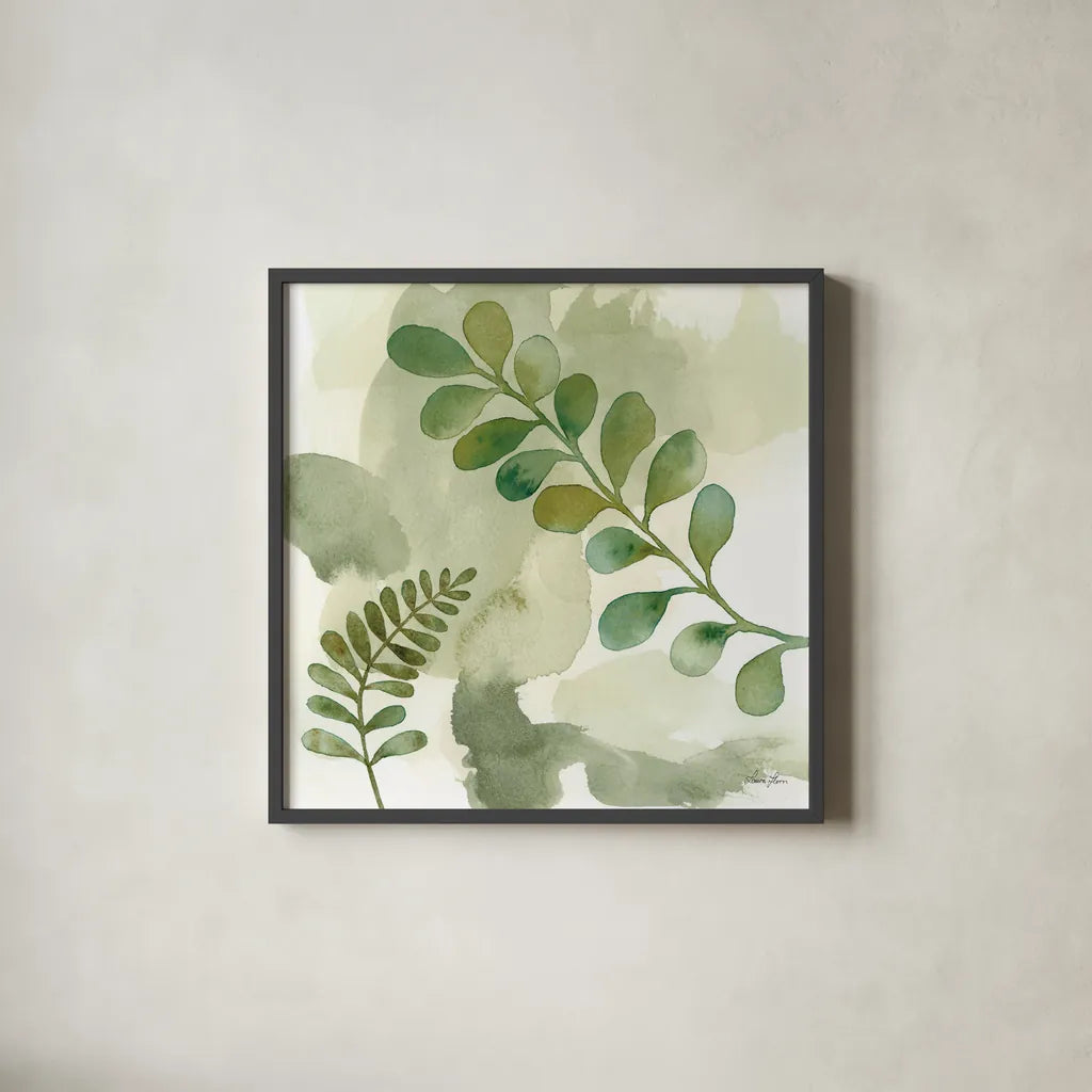 Woodland Walk III by Laura Horn. Shown in a sleek black glass frame for a contemporary gallery look. Available as an archival giclee rolled canvas, fine art paper, or poster print. SKU 72225a.
