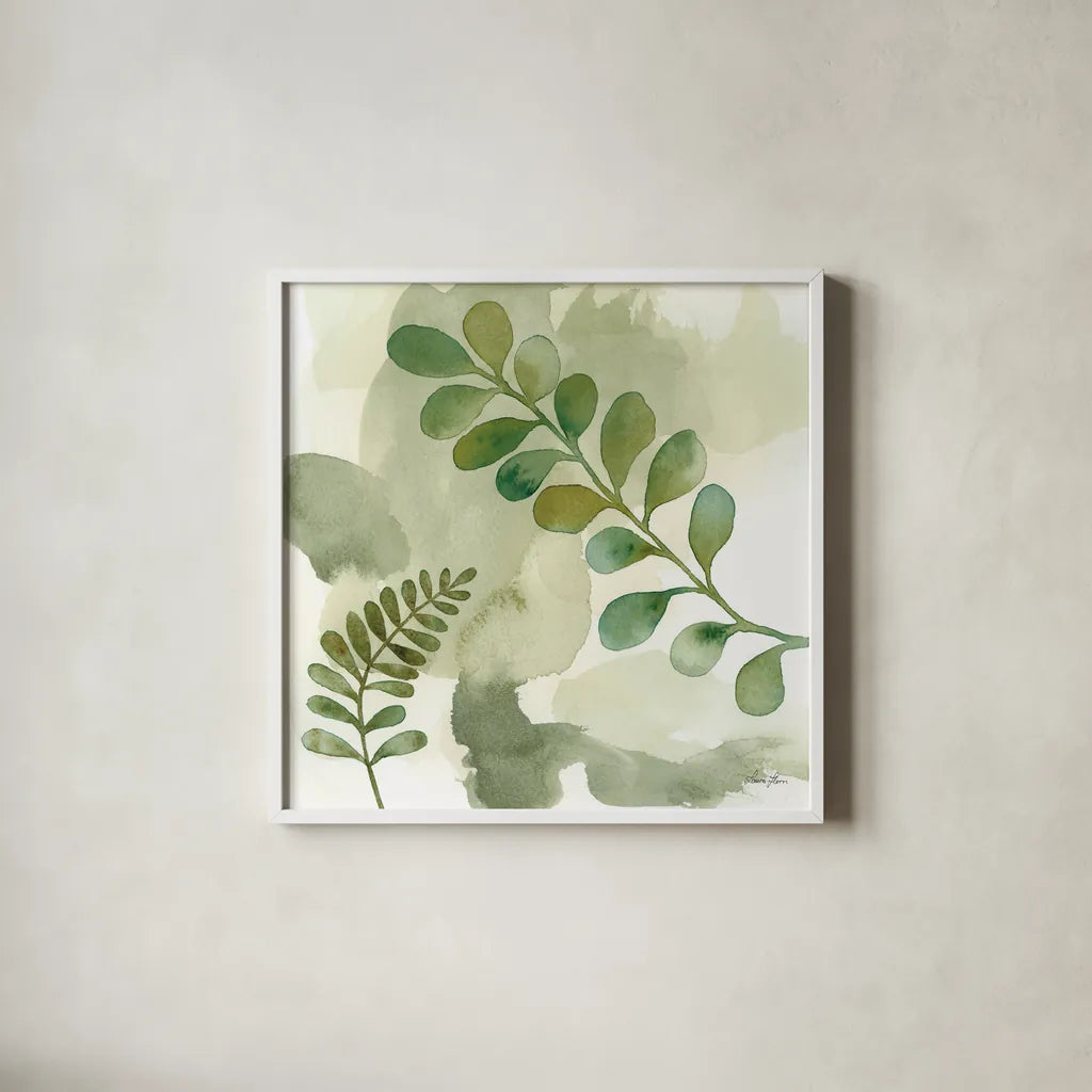 Woodland Walk III by Laura Horn. Shown in a crisp white glass frame for a clean and minimalist style. Available as an archival giclee rolled canvas, fine art paper, or poster print. SKU 72225a.
