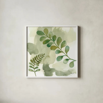 Woodland Walk III by Laura Horn. Shown in a crisp white glass frame for a clean and minimalist style. Available as an archival giclee rolled canvas, fine art paper, or poster print. SKU 72225a.