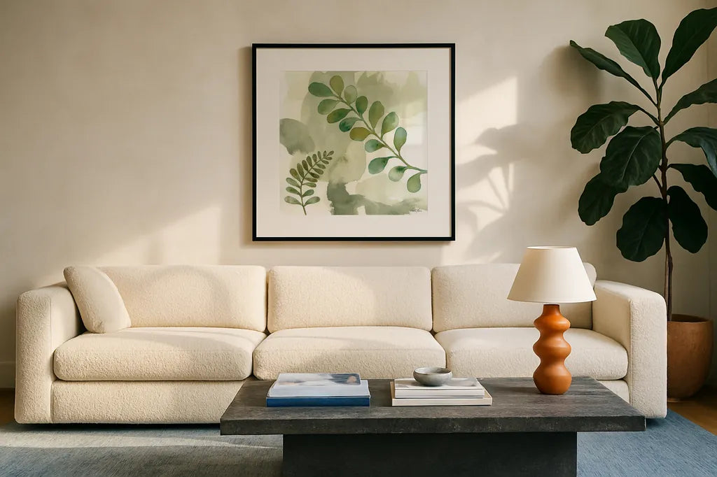 Woodland Walk III by Laura Horn. Displayed in a glass frame with matte in a clean modern living room. Available as an archival giclee rolled canvas, fine art paper, or poster print. SKU 72225a.