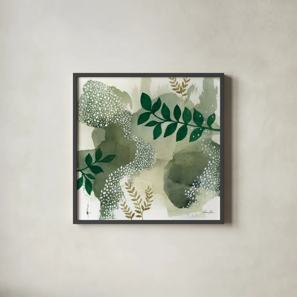 Woodland Walk IV by Laura Horn. Shown in a sleek black glass frame for a contemporary gallery look. Available as an archival giclee rolled canvas, fine art paper, or poster print. SKU 72226a.