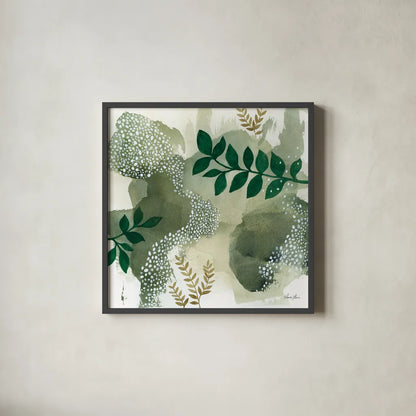 Woodland Walk IV by Laura Horn. Shown in a sleek black glass frame for a contemporary gallery look. Available as an archival giclee rolled canvas, fine art paper, or poster print. SKU 72226a.
