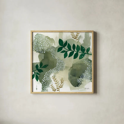 Woodland Walk IV by Laura Horn. Shown in a natural wood glass frame for a timeless modern aesthetic. Available as an archival giclee rolled canvas, fine art paper, or poster print. SKU 72226a.