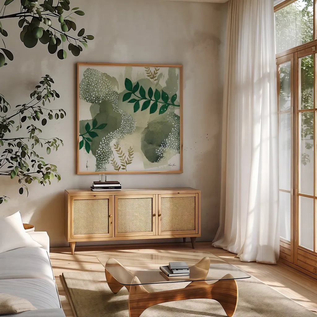 Woodland Walk IV by Laura Horn. Shown in a natural wood frame in a cozy modern living room. Available as an archival giclee rolled canvas, fine art paper, or poster print. SKU 72226a.