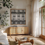 Across the Street II Crop by Laura Marshall. Shown in a natural wood frame in a cozy modern living room. Available as an archival giclee rolled canvas, fine art paper, or poster print. SKU 21915a.