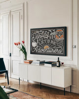 Adventurous I Black by Laura Marshall. shown as a framed stretched canvas in a living room above a console. Available as a archival giclee rolled canvas, fine art paper, or poster print. SKU 58460i.