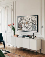 Adventurous III by Laura Marshall. shown as a framed stretched canvas in a living room above a console. Available as a archival giclee rolled canvas, fine art paper, or poster print. SKU 58455i.