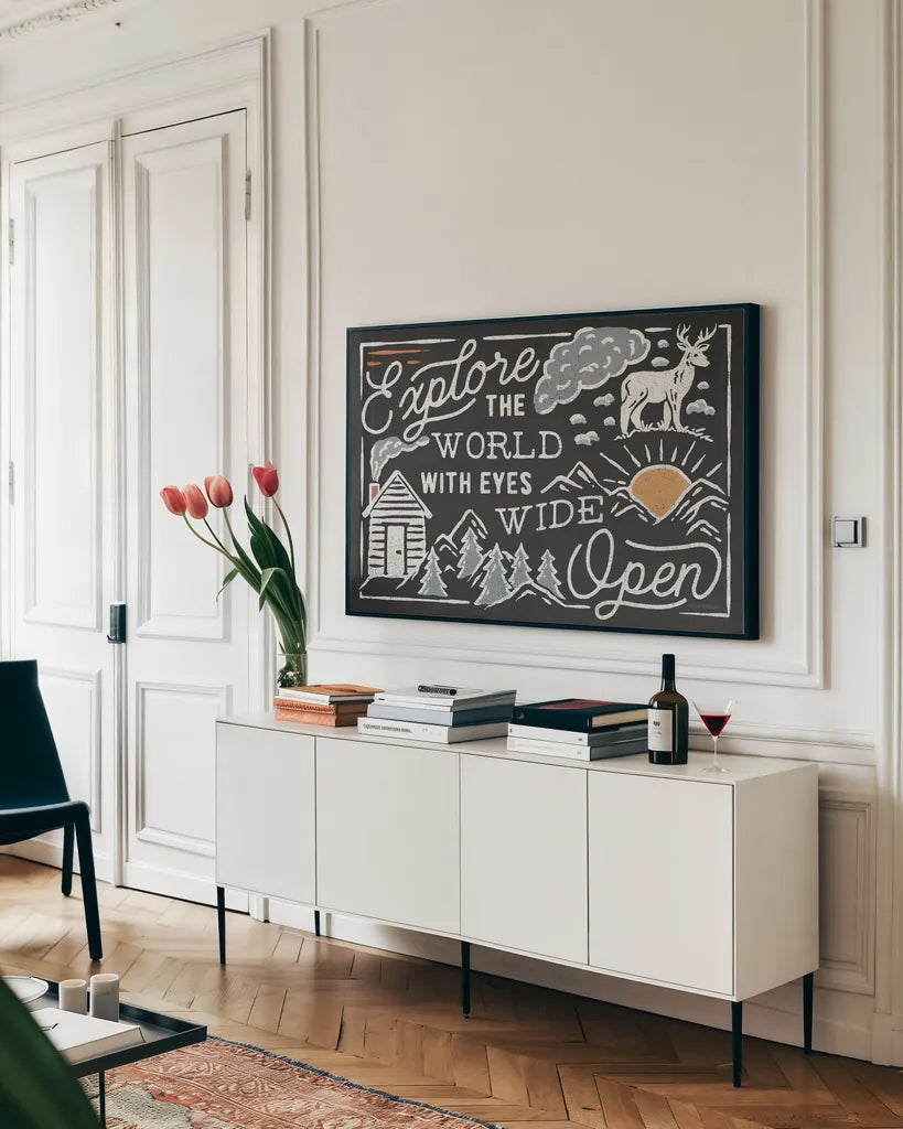 Adventurous IV Black Horizontal by Laura Marshall. shown as a framed stretched canvas in a living room above a console. Available as a archival giclee rolled canvas, fine art paper, or poster print. SKU 64042i.