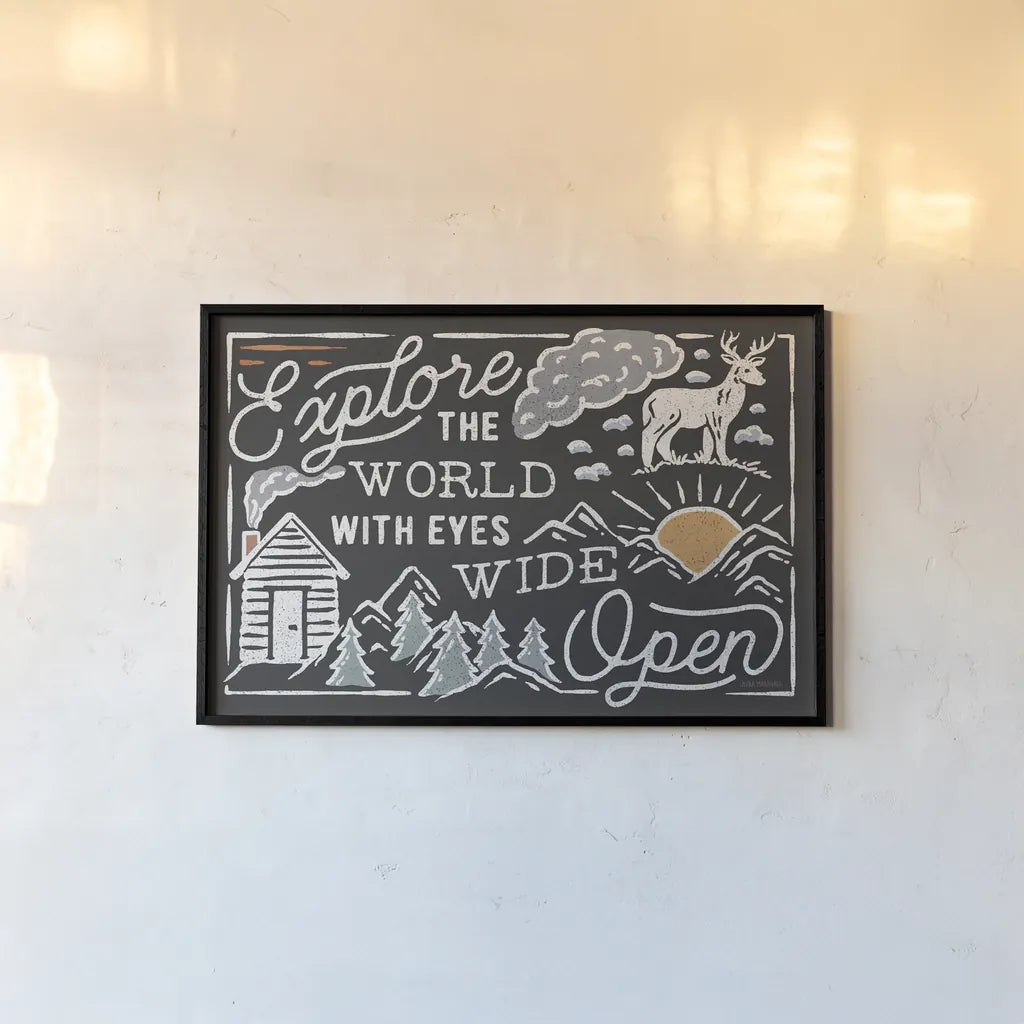 Adventurous IV Black Horizontal by Laura Marshall. shown as a paper print in a black flame. Available as a archival giclee rolled canvas, fine art paper, or poster print. SKU 64042i.