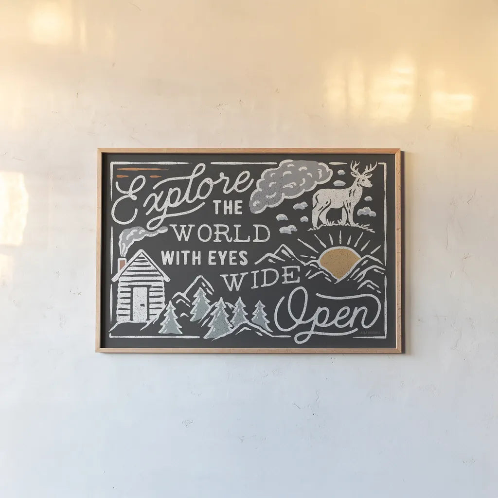 Adventurous IV Black Horizontal by Laura Marshall. shown as a paper print in a natural frame. Available as a archival giclee rolled canvas, fine art paper, or poster print. SKU 64042i.