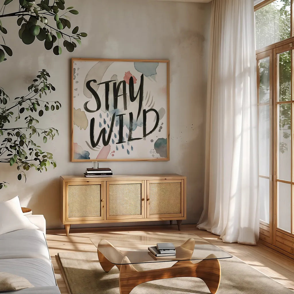 April Showers Inspiration I by Laura Marshall. Shown in a natural wood frame in a cozy modern living room. Available as an archival giclee rolled canvas, fine art paper, or poster print. SKU 33165a.