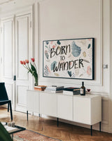 April Showers Inspiration VI by Laura Marshall. shown as a framed stretched canvas in a living room above a console. Available as a archival giclee rolled canvas, fine art paper, or poster print. SKU 33170i.