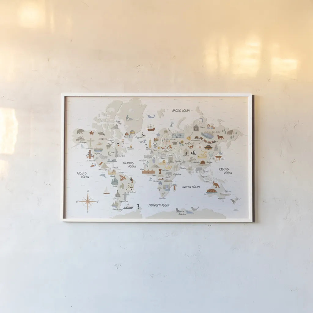 Around the World I by Laura Marshall. shown as a paper print in a white frame. Available as a archival giclee rolled canvas, fine art paper, or poster print. SKU 71724i.
