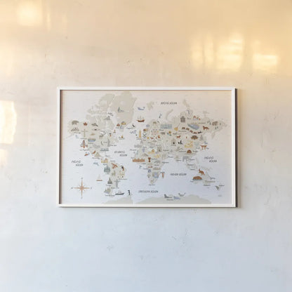 Around the World I by Laura Marshall. shown as a paper print in a white frame. Available as a archival giclee rolled canvas, fine art paper, or poster print. SKU 71724i.