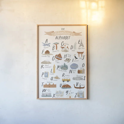 Around the World III by Laura Marshall. shown as a paper print in a natural frame. Available as a archival giclee rolled canvas, fine art paper, or poster print. SKU 71726h.