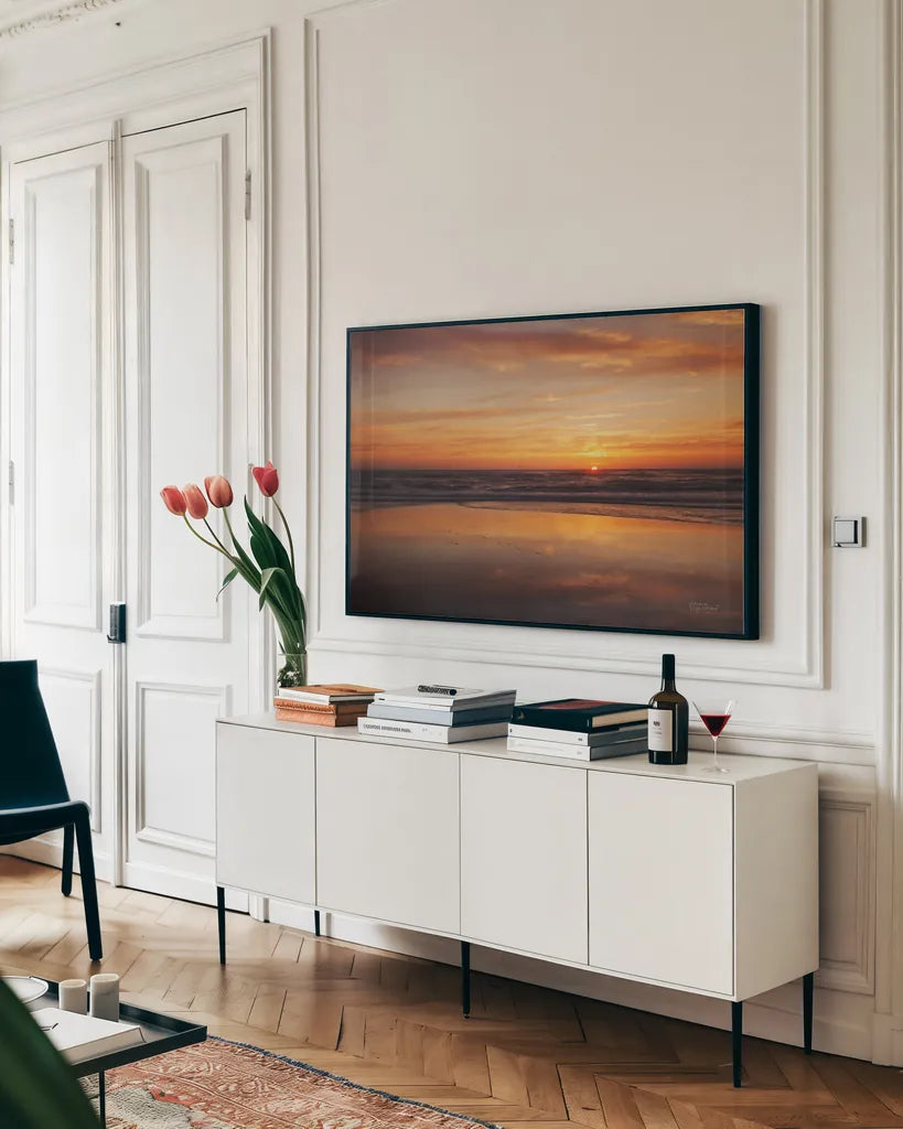 At Days End I by Laura Marshall. shown as a framed stretched canvas in a living room above a console. Available as a archival giclee rolled canvas, fine art paper, or poster print. SKU 42965i.