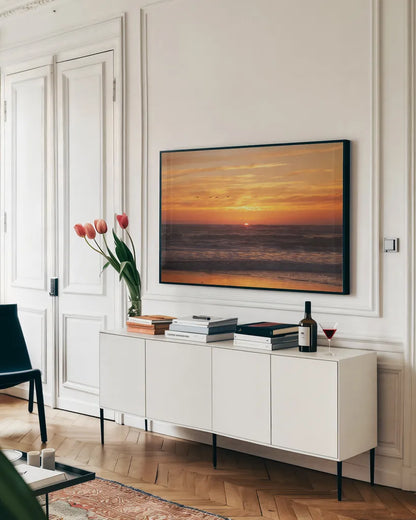 At Days End II by Laura Marshall. shown as a framed stretched canvas in a living room above a console. Available as a archival giclee rolled canvas, fine art paper, or poster print. SKU 42966i.