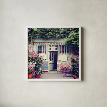Au Vieux Paris by Laura Marshall. Shown in a crisp white glass frame for a clean and minimalist style. Available as an archival giclee rolled canvas, fine art paper, or poster print. SKU 21918a.