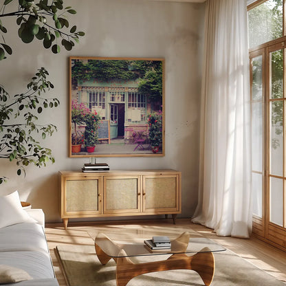 Au Vieux Paris by Laura Marshall. Shown in a natural wood frame in a cozy modern living room. Available as an archival giclee rolled canvas, fine art paper, or poster print. SKU 21918a.