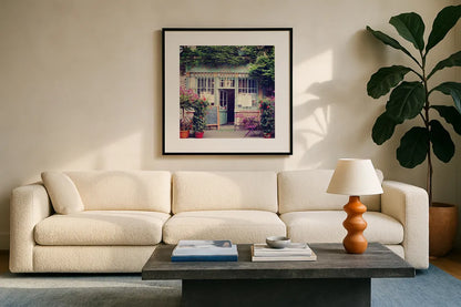 Au Vieux Paris by Laura Marshall. Displayed in a glass frame with matte in a clean modern living room. Available as an archival giclee rolled canvas, fine art paper, or poster print. SKU 21918a.