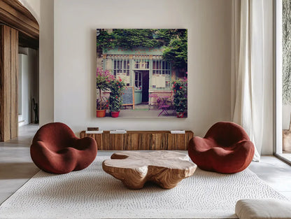 Au Vieux Paris by Laura Marshall. Shown as extra-large giant wall art in a modern living room. Available as an archival giclee rolled canvas, fine art paper, or poster print. SKU 21918a.