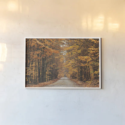 Autumn Country Road by Laura Marshall. shown as a paper print in a white frame. Available as a archival giclee rolled canvas, fine art paper, or poster print. SKU 16683i.