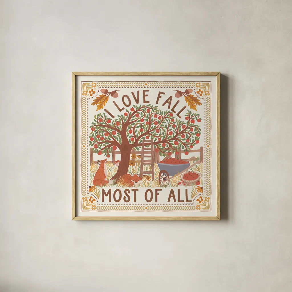 Autumn Days II by Laura Marshall. Shown in a natural wood glass frame for a timeless modern aesthetic. Available as an archival giclee rolled canvas, fine art paper, or poster print. SKU 90580a.