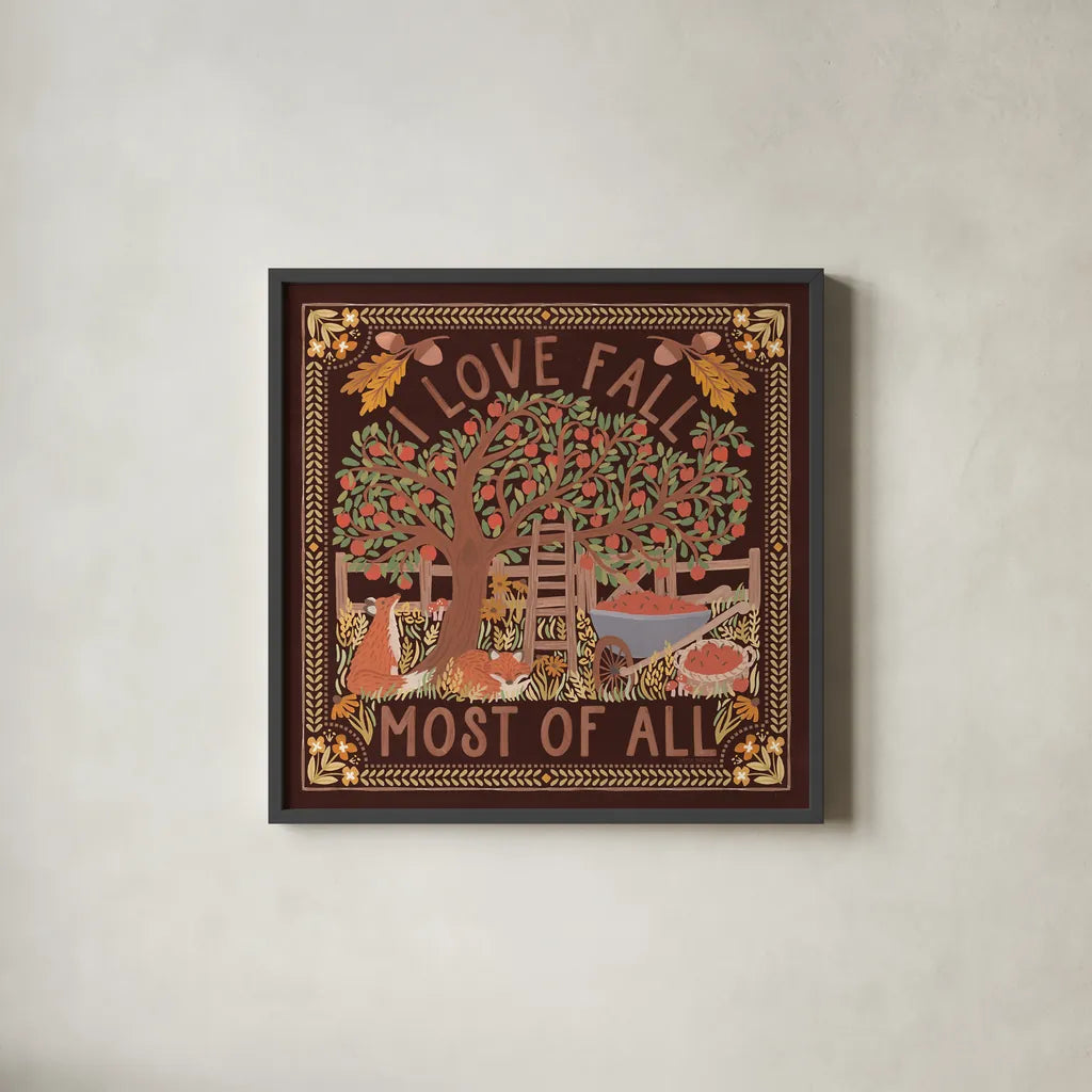 Autumn Days II Dark by Laura Marshall. Shown in a sleek black glass frame for a contemporary gallery look. Available as an archival giclee rolled canvas, fine art paper, or poster print. SKU 90591a.