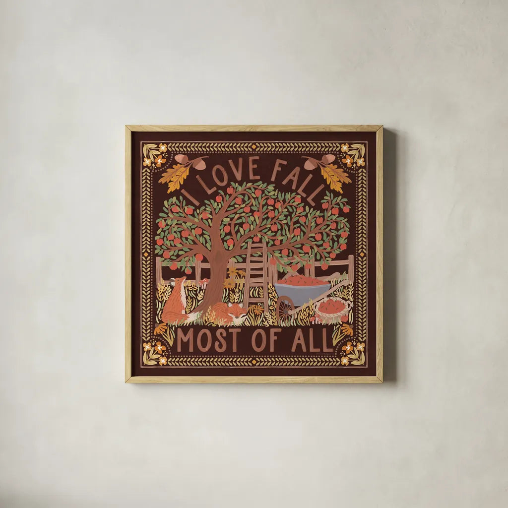 Autumn Days II Dark by Laura Marshall. Shown in a natural wood glass frame for a timeless modern aesthetic. Available as an archival giclee rolled canvas, fine art paper, or poster print. SKU 90591a.