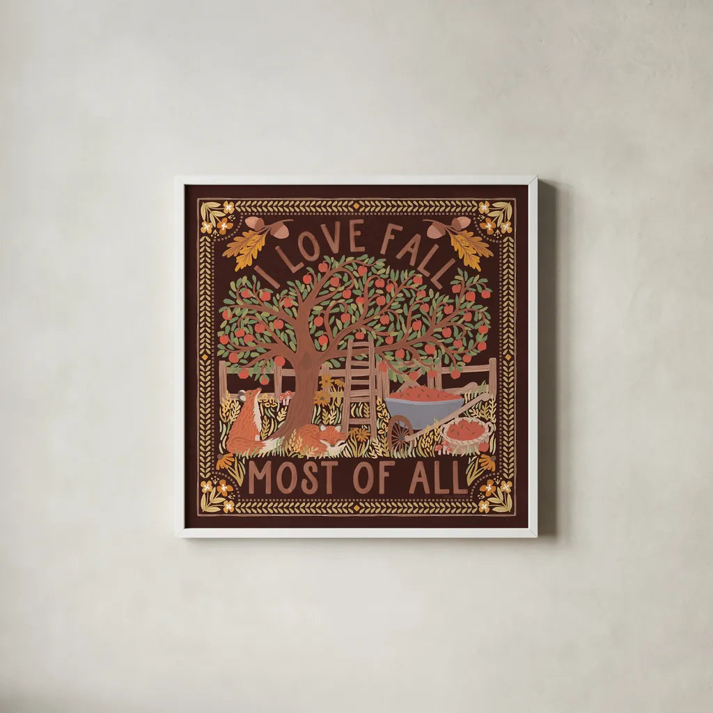 Autumn Days II Dark by Laura Marshall. Shown in a crisp white glass frame for a clean and minimalist style. Available as an archival giclee rolled canvas, fine art paper, or poster print. SKU 90591a.