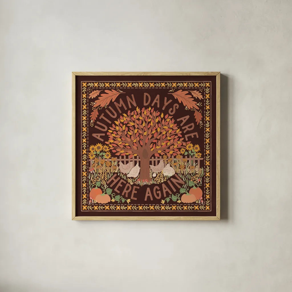 Autumn Days III Dark by Laura Marshall. Shown in a natural wood glass frame for a timeless modern aesthetic. Available as an archival giclee rolled canvas, fine art paper, or poster print. SKU 90592a.