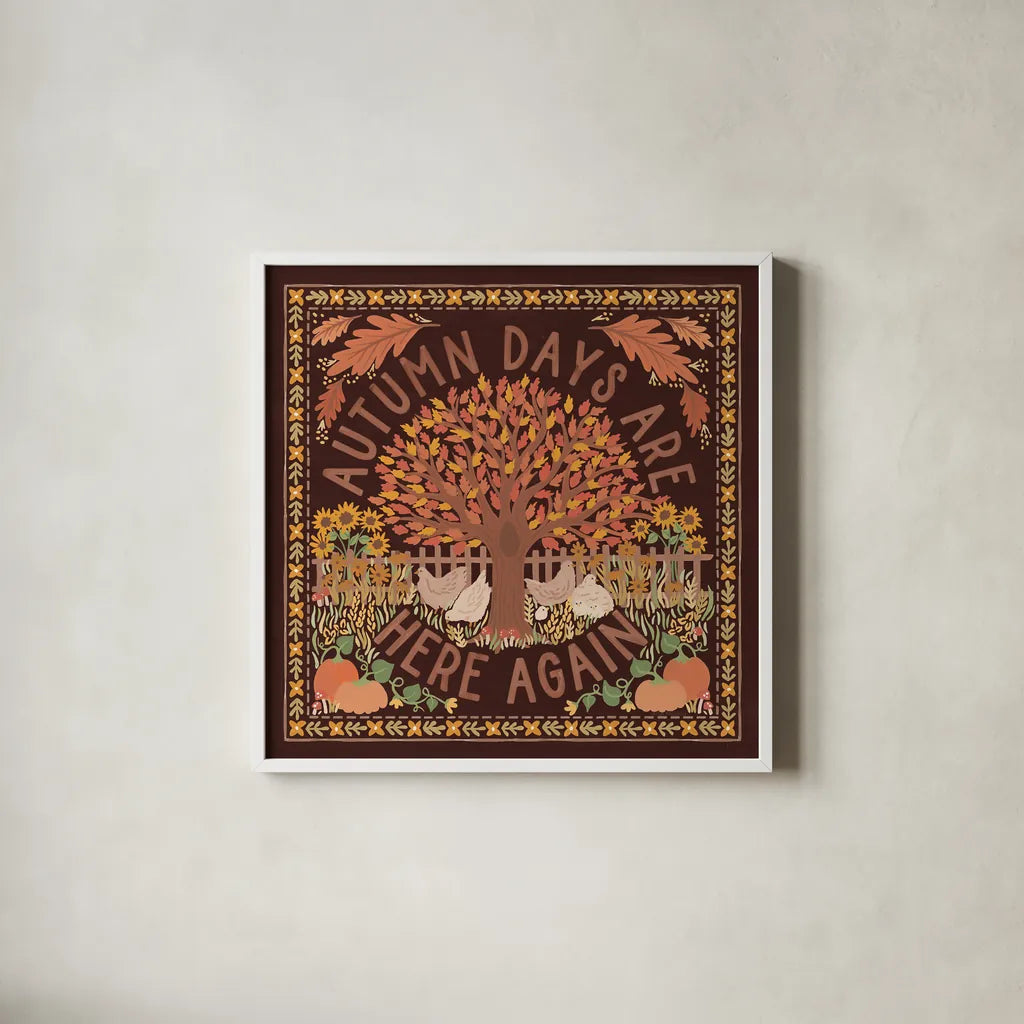 Autumn Days III Dark by Laura Marshall. Shown in a crisp white glass frame for a clean and minimalist style. Available as an archival giclee rolled canvas, fine art paper, or poster print. SKU 90592a.