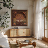 Autumn Days III Dark by Laura Marshall. Shown in a natural wood frame in a cozy modern living room. Available as an archival giclee rolled canvas, fine art paper, or poster print. SKU 90592a.