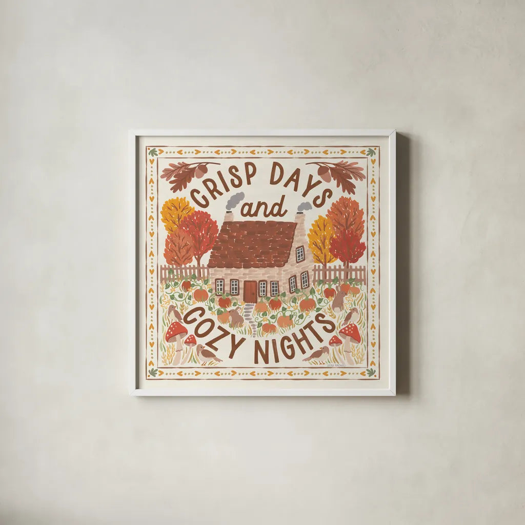 Autumn Days IV by Laura Marshall. Shown in a crisp white glass frame for a clean and minimalist style. Available as an archival giclee rolled canvas, fine art paper, or poster print. SKU 90582a.