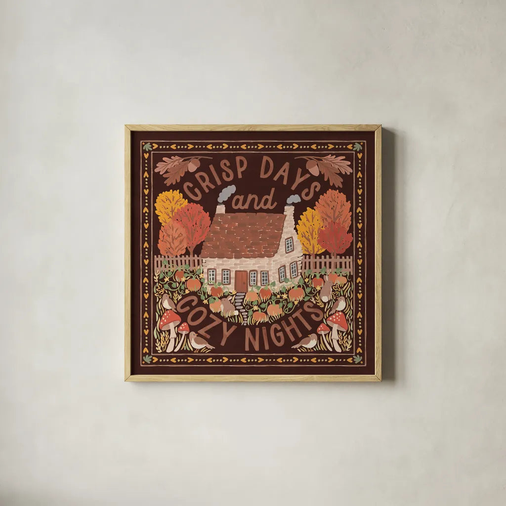 Autumn Days IV Dark by Laura Marshall. Shown in a natural wood glass frame for a timeless modern aesthetic. Available as an archival giclee rolled canvas, fine art paper, or poster print. SKU 90593a.