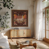 Autumn Days IV Dark by Laura Marshall. Shown in a natural wood frame in a cozy modern living room. Available as an archival giclee rolled canvas, fine art paper, or poster print. SKU 90593a.