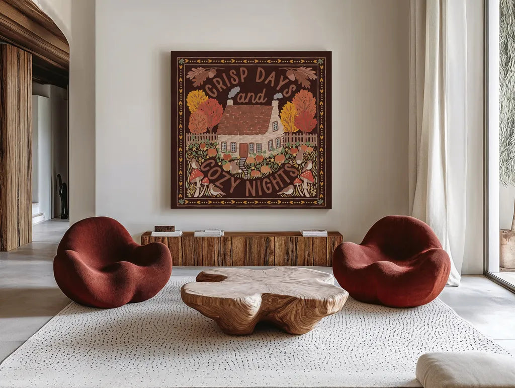 Autumn Days IV Dark by Laura Marshall. Shown as extra-large giant wall art in a modern living room. Available as an archival giclee rolled canvas, fine art paper, or poster print. SKU 90593a.